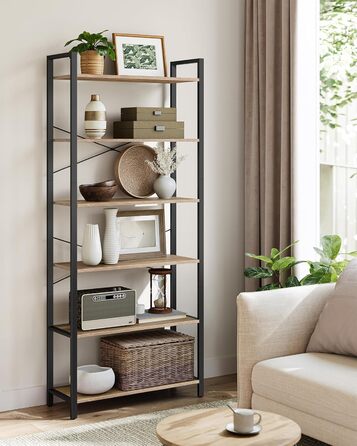 Стелаж VASAGLE з 6 полицями, сталевий каркас, для вітальні, спальні, кабінету, 30 x 80 x 186 см, індустріальний дизайн, вінтажний колір (коричневий + чорний)