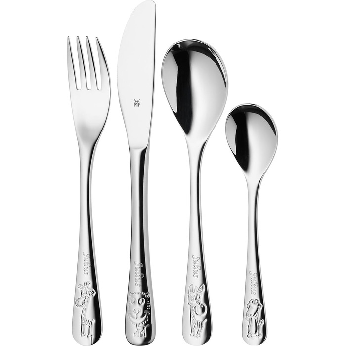 Дитячий столовий набір WMF Safari (4 шт.), з гравіюванням імені, від 3 років, Cromargan нержавіюча сталь, полірована, подарунок на хрещення або день народження