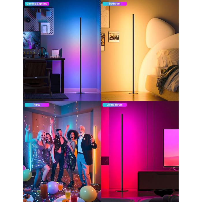LED торшер для вітальні, білий з пультом ДУ, RGB 16 млн кольорів, синхронізація з музикою, 140 см, кутова лампа для ТВ, спальні, ігрової кімнати