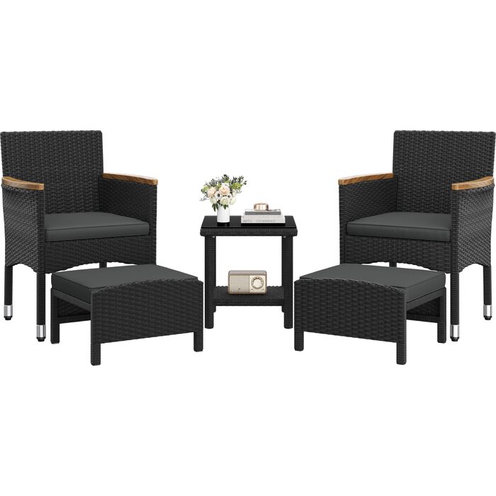 Садовий набір меблів Yaheetech з ротангу для балкона та тераси 5 предметів: 2 крісла, 2 пуфи, столик (чорний/сірий)