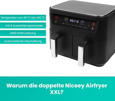 Двозонна фритюрниця Niceey - 8 л - Подвійна фритюрниця XXL на 8 порцій - Двокамерна фритюрниця ємністю 2x4 л - 2460 Вт - Подвійна функція - чорний