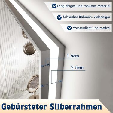 LED дзеркало для ванної кімнати 60x80 см з підсвічуванням, сенсорне, регулювання яскравості, 3 кольори світла, проти запотівання, водонепроникне IP44, горизонтальне/вертикальне