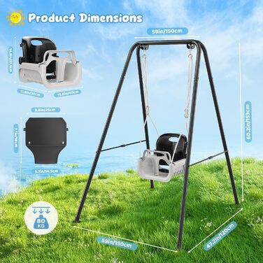 Дитяча гойдалка 2-в-1 з металевим каркасом, безпечний ремінь, для гри в приміщенні та на вулиці (білий, чорний)