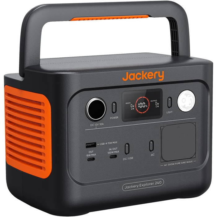 Електростанція Jackery Explorer 240 v2, LiFePO4 256 Втгод, 300 Вт змінного струму/100 Вт USB-C, вуличний генератор для кемпінгу