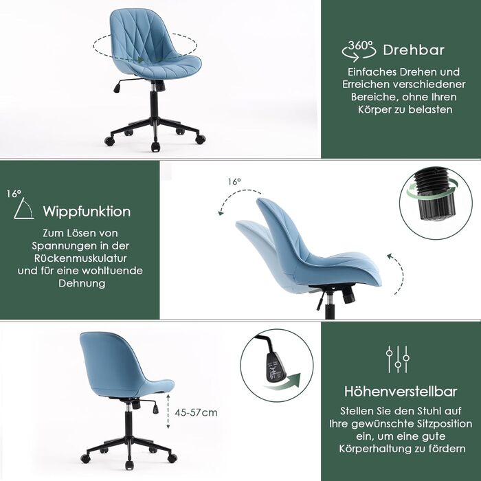 Офісне крісло YOUTASTE з принтом листя, ергономічне, регульоване по висоті з функцією гойдання, без підлокітників, шкіряне, для дому та офісу, блакитне