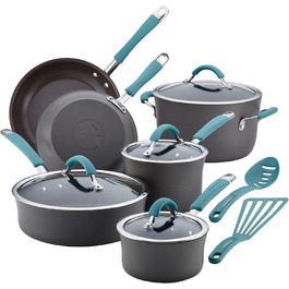 Набір посуду Rachael Ray Cucina Harteloxiertes Antihaft, Тöpfe und Pfannen, алюміній, сірий з блакитними ручками