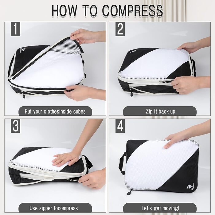 Набір компресійних органайзерів для одягу AiQInu, 5 шт, дорожні сумки-пакувальники з мішком для взуття та білизни, ультралегкі розширювані органайзери для валізи та ручної поклажі (Чорний)