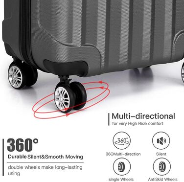 KONO Легкий ручний багаж, 55 x 35 x 20 см, жорсткий корпус, ABS, 4 колеса, сірий колір