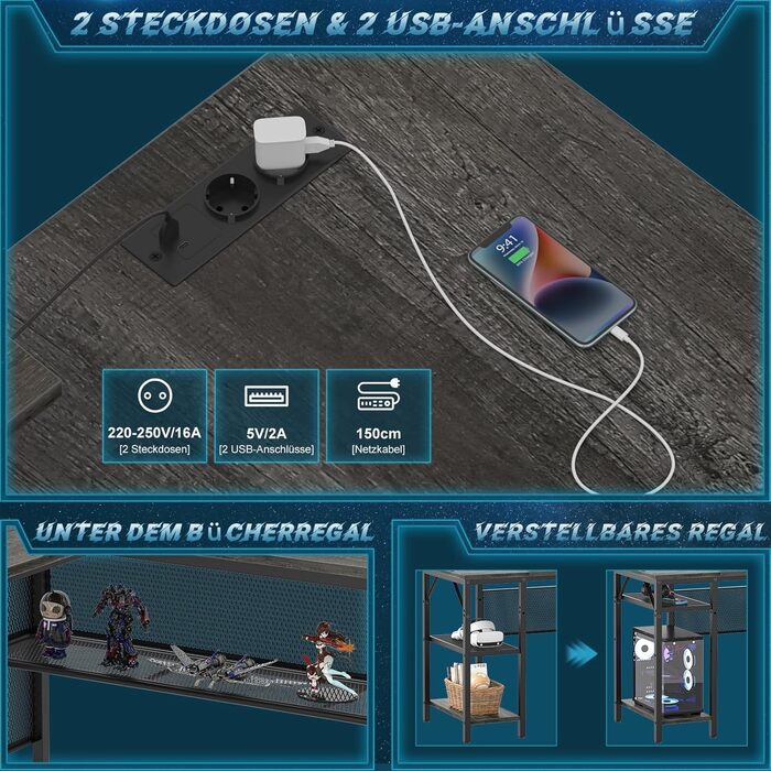 L-подібний ігровий стіл, 141x117x76 см, з полицею, для дому, офісу, навчання, ігор (гранатовий дуб)