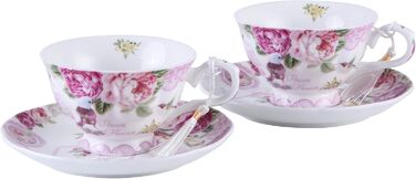 Набір чашок та блюдець London Boutique, Shabby Chic, вінтажний дизайн, порцелан з квітковим візерунком, 2 набори в подарунковій коробці, рожевий (Pink Bird Rose)