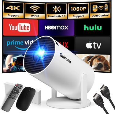 Портативний проєктор Mini Beamer 1080P FHD 2024: Android TV, WiFi 6, BT5.2, HDMI, USB, PS5, з пультом та кабелем