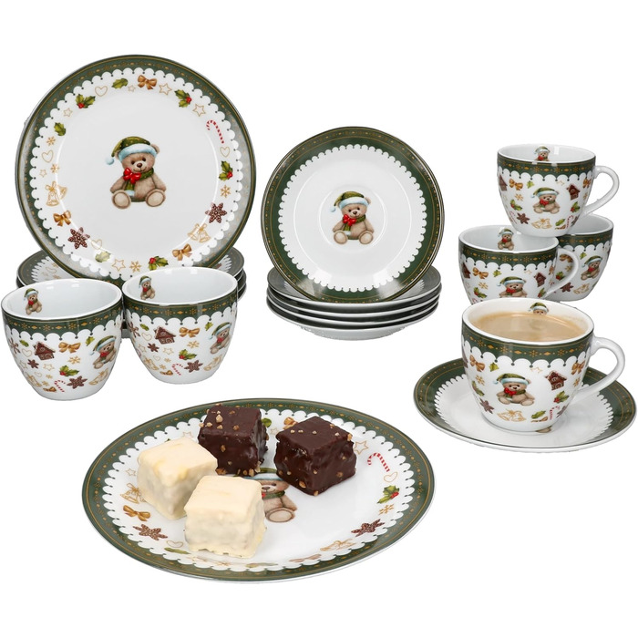 MamboCat Friend - 18-ти частинний чайний сервіс для 6 осіб | Керамічний сервіс з ведмедиком, будиночком з імбирного пряника та іншими новорічними мотивами | Тріо з чашками, блюдцями та тарілками | Ідеальний для святкування Різдва