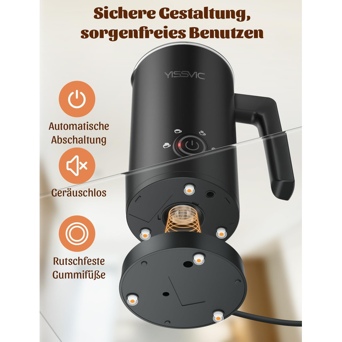 Електричний спінювач молока YISSVIC 4-в-1: автоматичний, 500W, антипригарне покриття, для капучіно, лате, макіато
