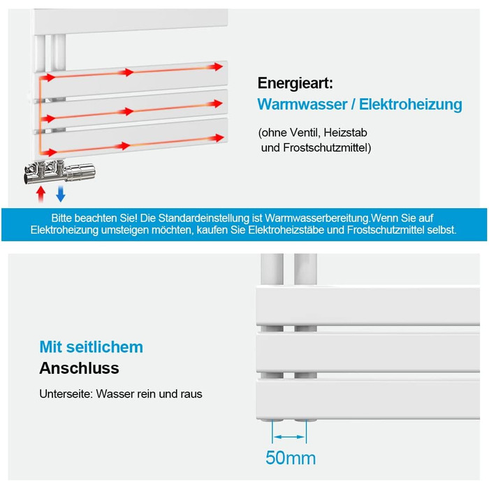 Електричний нагрівач для ванної кімнати Heilmetz Badheizkörper: сушарка для рушників, 400x1176 мм, білий, 494W, бічний підключення