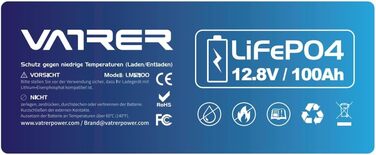 Літієва батарея VATRER POWER LiFePO4 12V 100AH з низькотемпературною відсічною літієвою батареєю 100A BMS 5000 1280 Вт для автофургонів, кемпінгу, човнів, сонячних домашніх систем 12V100Ah