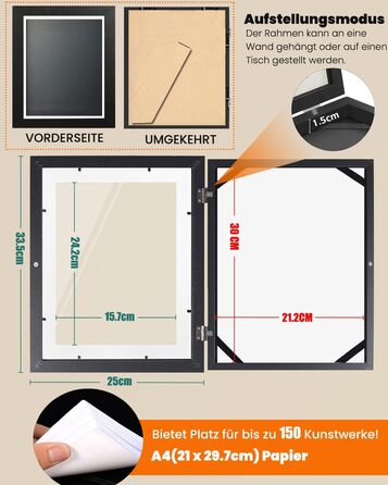 Рамки для фотографій A4, 2 шт. - Чорні, для дитячих малюнків, школи, дому, офісу