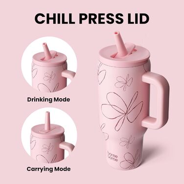 Термокружка з нержавіючої сталі 900мл з ручкою та трубочкою – BPA-free, подвійні стінки, без витоку – для подорожей, офісу, навчання, спорту та як подарунок (квітковий принт)