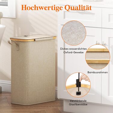 Кошик для білизни Lifewit 50L з кришкою, бамбуковий, з ручкою, для квартири, гуртожитку, кемпінгу, бежевий