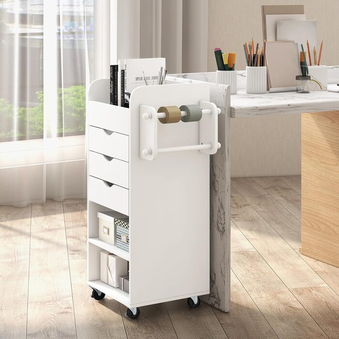 Роликовий контейнер COSTWAY з 3 висувними ящиками, робочий візок з 2 ручками та 3 полицями, дерев'яний шафка на колесах, багатофункціональний візок для офісу/кабінету (білий)