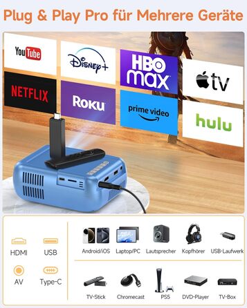 Mini Beamer Bluetooth WiFi: Портативний проєктор 1080P для телефону iPhone/Android, домашній/зовнішній, сумісний з USB/HDMI/Fire Stick/PS5