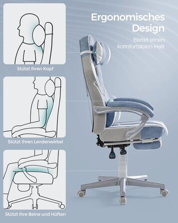 Офісне крісло SONGMICS, ігрове крісло, регульоване, підставка для ніг, механізм гойдання, упор для голови та попереку, 150 кг