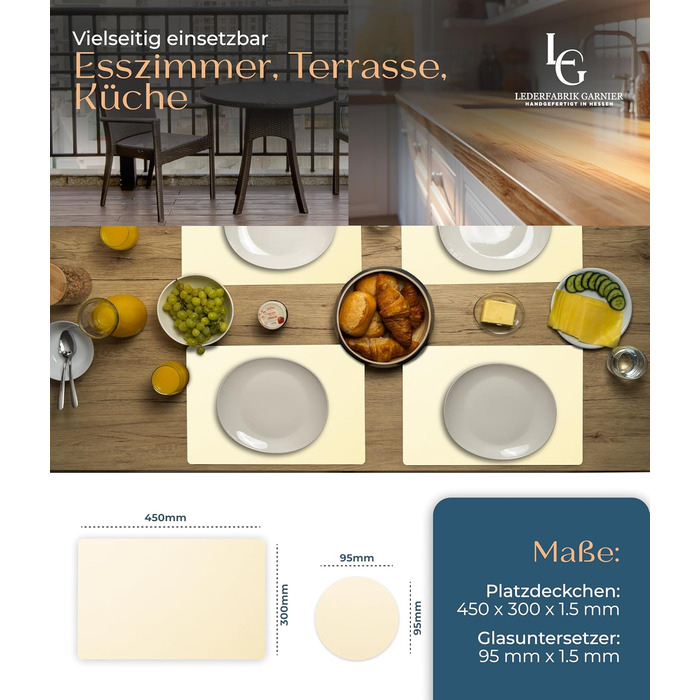 Набори серветок на стіл, 4 шт. – екологічні, стабільні та неслизькі – з високоякісної переробленої шкіри, Made in Germany (Бежевий)