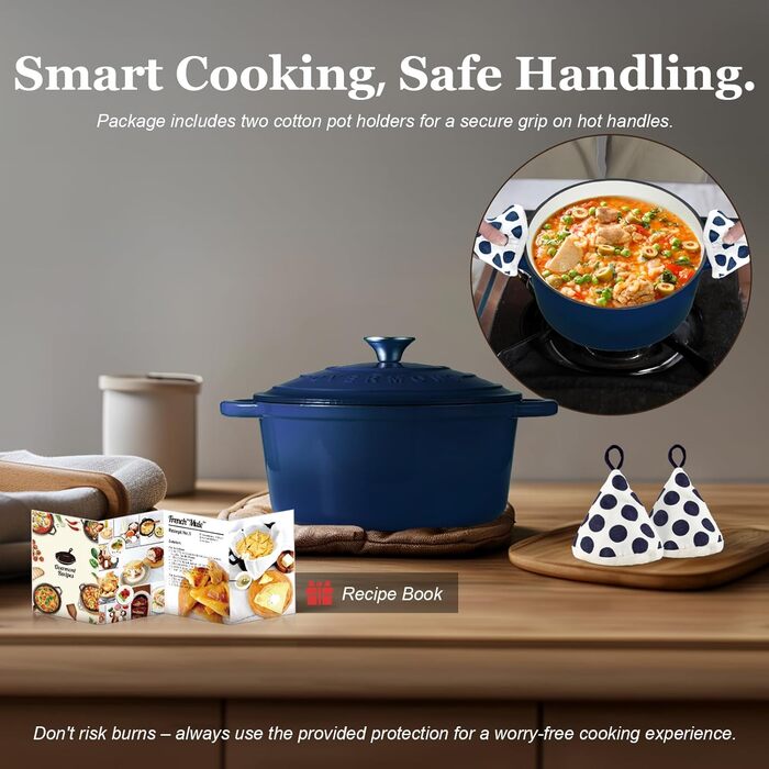 Чавунна казан-каструля Overmont з емалевим покриттям, 26 см, 5.2 л, індиго-синя — універсальний сотейник з кришкою для запікання та тушкування, підходить для духовки