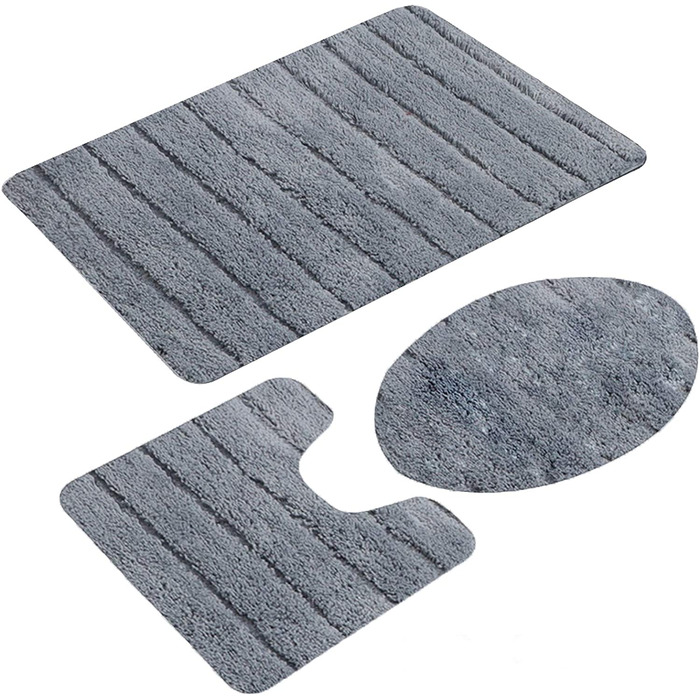 Набір килимків для ванної кімнати Jianyana (3 шт.) з мікрофібри, антиковзаючі, м'які, з довгим ворсом, для душу, у формі контуру, на унітаз, сірий в смужку