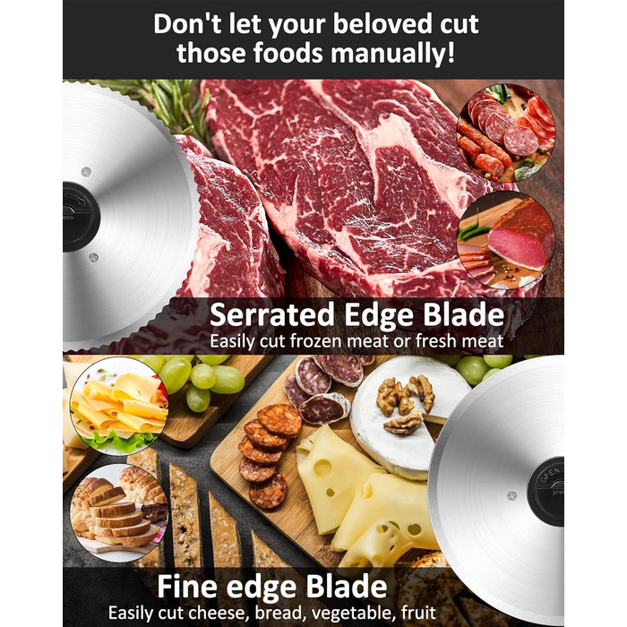 Електричний слайсер 200W з нержавіючої сталі - кухонний слайсер для м'яса, сиру, хліба та ковбаси, регулювання товщини шару 0-15 мм, 2 леза