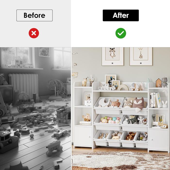 FOREHILL Дитяча полиця з 8 ящиками, дитячий шафчик, полиця для книг для дітей, органайзер для зберігання в дитячій кімнаті, меблі з іграшковою коробкою, 138,8 x 94,3 x 29,6 см, білий