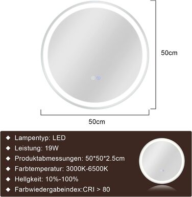 Дзеркало для ванної кімнати Mursche з підсвічуванням LED, 50x70 см, IP44, з сенсорним вимикачем та функцією запобігання запотіванню, регулювання яскравості 3000K-6500K