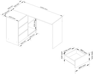 Стіл кутовий AKORD B-16 з 3 висувними ящиками та 2 полицями Письмовий стіл Кутовий стіл Кутовий стіл для домашнього офісу Легке встановлення W124 x H77 x D85, 48 кг Білий