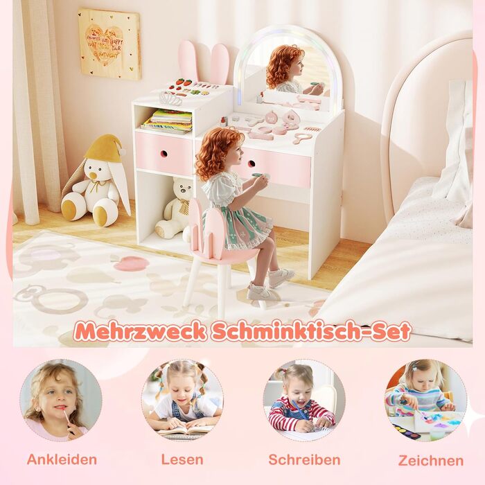 Дитячий туалетний столик COSTWAY з підсвічуванням та табуретом, білий, з 2 шухлядами та аксесуарами для дівчаток від 3 років