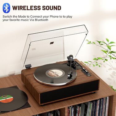 Bluetooth програвач вінілу з вбудованим динаміком, HiFi вініловий програвач з пасовим приводом, магнітною головкою AT-3600L, AUX (RCA), 2 швидкості