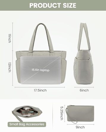 Сумка для ноутбука LOVEVOOK 15.6 дюймів, жіноча, shopper, велика, для роботи, навчання, універсальна, сіра, зелена