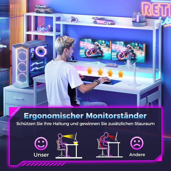 Ігровий стіл Coleshome з полицею та шухлядами, 137x48 см. Стіл для геймінгу з LED-підсвічуванням, розеткою, місцями для зберігання та підставкою для монітора. Колір: карбонове волокно.