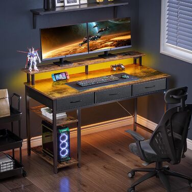 Комп'ютерний стіл Rolanstar з ящиками, розетками та LED підсвіткою, ігровий стіл з підставкою для монітора, полиця та 2 гачки, для офісу та вітальні (білий, 100x47x90,5 см)