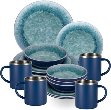 Набір посуду Melamin Adria Blue (4 особи) з нержавіючих термокружок. Підходить для кемпінгу, подорожей, пікніків та вечірок на природі. Імітація посуду з каменю.