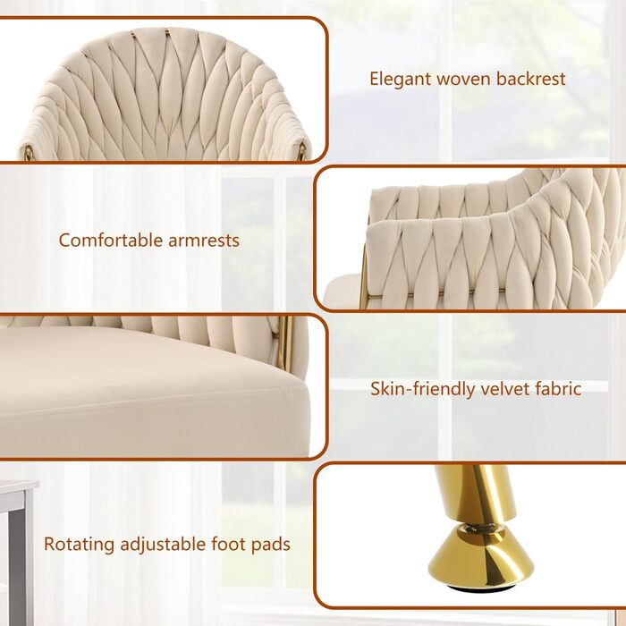 Набір з 2 обідніх стільців Samt, крісла для вітальні, стільці для кухні з підлокітниками, стільці для макіяжу з золотими ніжками, стільці для балкону білого кольору