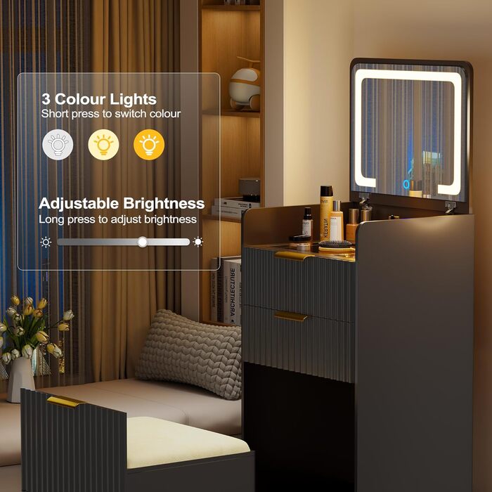 Трюмо Lvifur з LED-дзеркалом та 3 шухлядами, кутовий, для спальні, квартири, гуртожитку, білий (чорний)