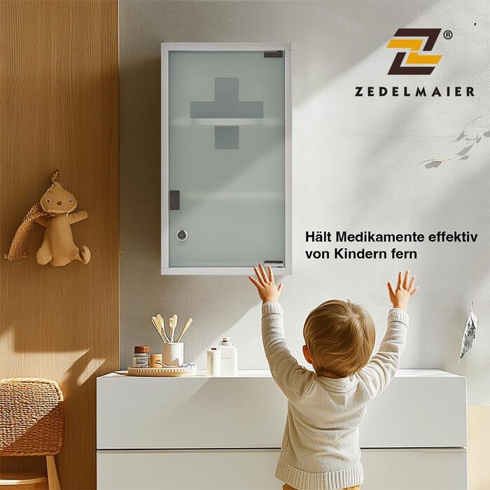Медичний шафчик Zedelmaier з нержавіючої сталі, 4 відділення, з ключем, для зберігання ліків, білий (57 x 27 x 12 см)