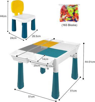 Дитячий стіл зі стільцями з регулюванням висоти AufuN, ігровий стіл з будівельних блоків 6 в 1, 163 шт. и блоки, 515151см