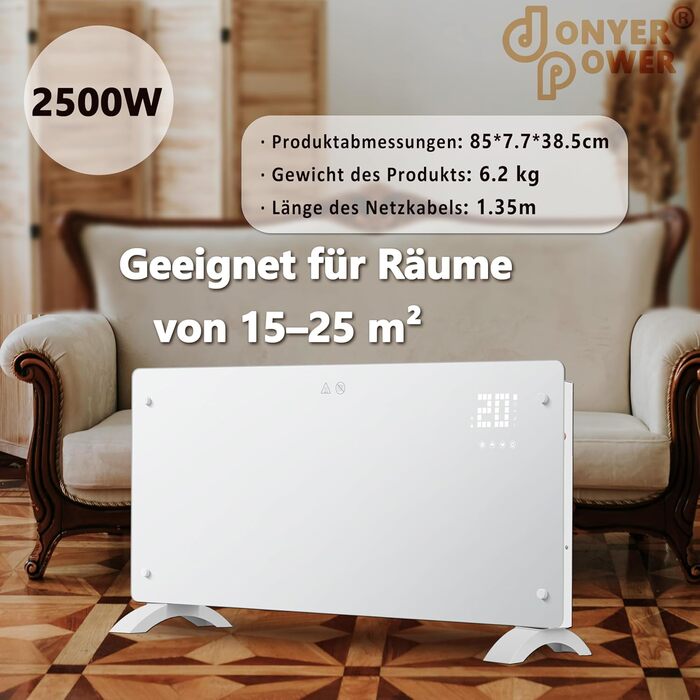 Конвектор DONYER POWER 2500W з Wi-Fi, 24H таймер, дистанційне керування, ультратонкий, настінний/підлоговий, білий
