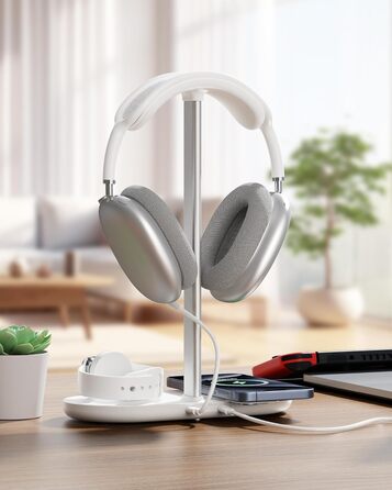 Підставка для навушників HiWe 3-в-1 з бездротовим зарядним пристроєм для телефону/AirPods/iWatch. Алюмінієва стійка, шкіряний підклад, ABS-основа, білий колір.