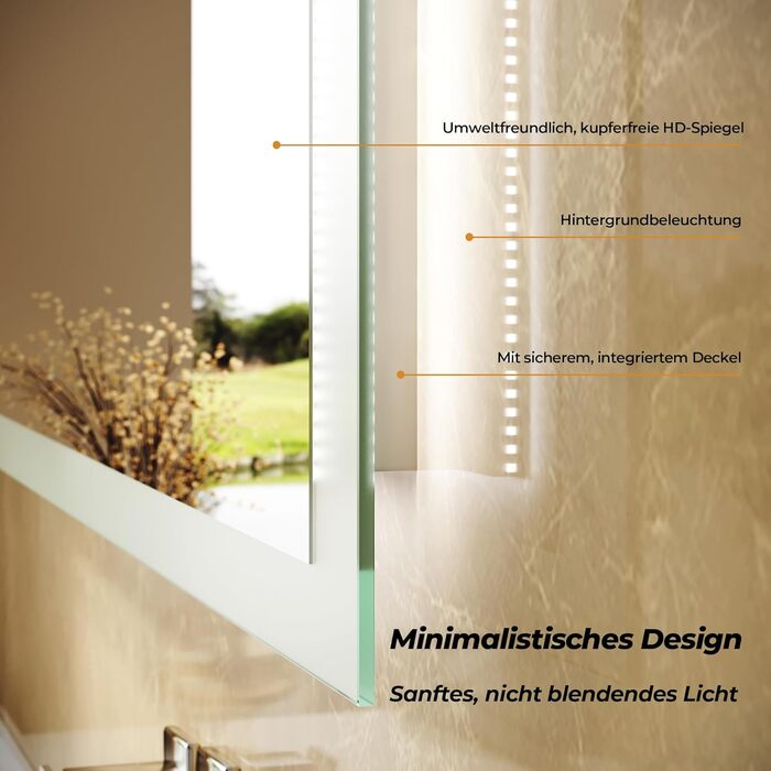 Дзеркало для ванної кімнати LOMIKEN з підсвічуванням, 60x50 см, LED, холодний білий світ, енергозбереження, вертикальне/горизонтальне кріплення, вимикач на стіні, матові краї