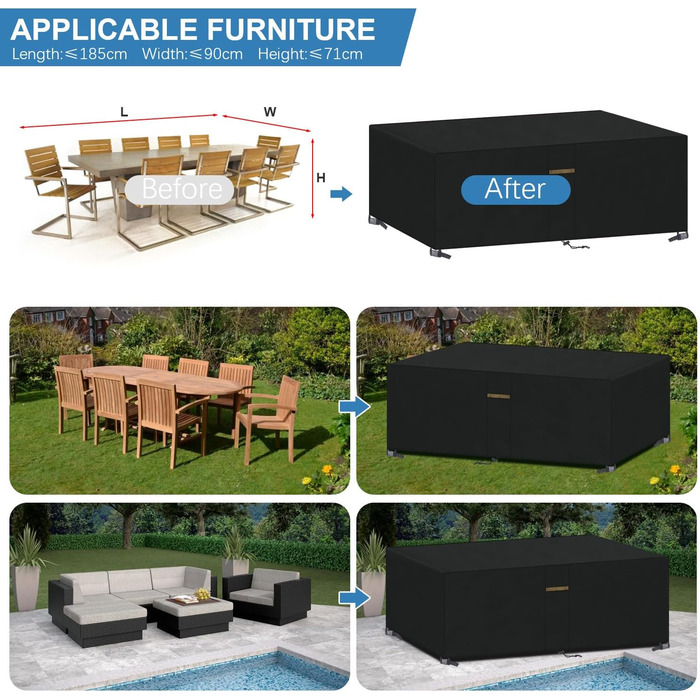 Накладна для садово-патіо меблів VANSHEIM, водонепроникна, 60x60x60 см / 185x90x71 см, захисна накривка для столу та групи сидіння