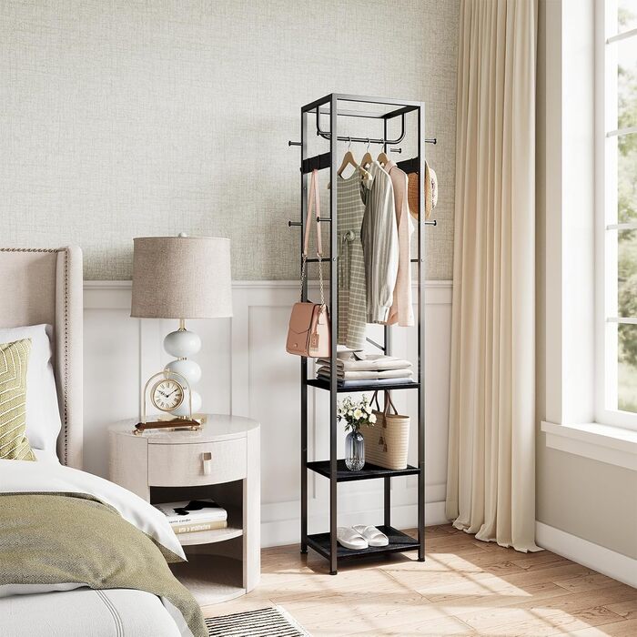 Вішалка для одягу ELYKEN, напольна, з 3 полицями та 12 гачками, для спальні, прихожей, офісу, чорна