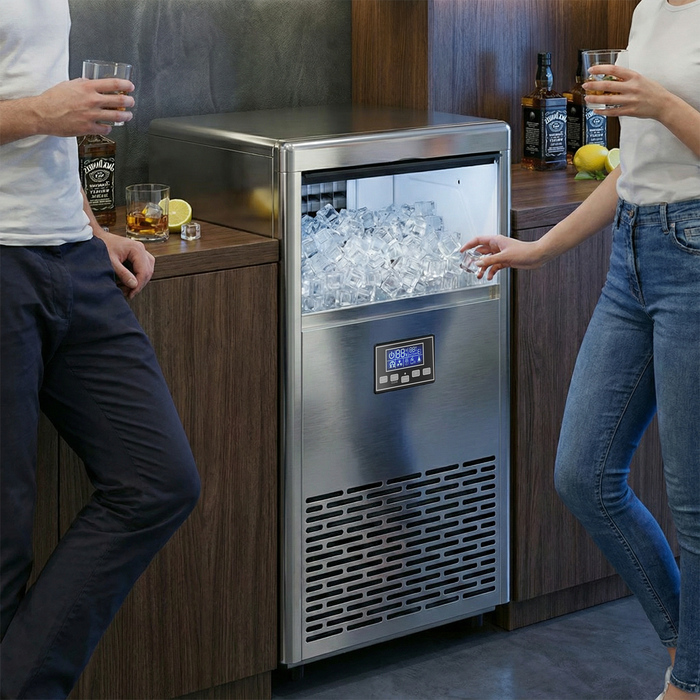 Промисловий льодогенератор на 45 кг/24 год, з нержавіючої сталі, об'ємом 15 кг, з функцією самоочищення, сріблястого кольору