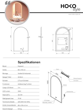 Дзеркало для ванної кімнати LED HOKO Design Turin, овальне, 45x75 см, матовий чорний, з підсвічуванням, сенсорне керування, зміна кольору світла (тепле/холодне/нейтральне), антизапарювання, монтаж HOCH+QUER