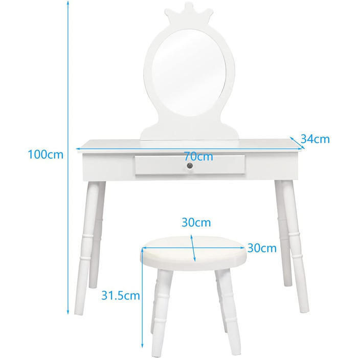Дитячий туалетний столик GOPLUS з табуреткою, дзеркалом і ящиком, дерев'яний туалетний столик для дитячої кімнати (білий)